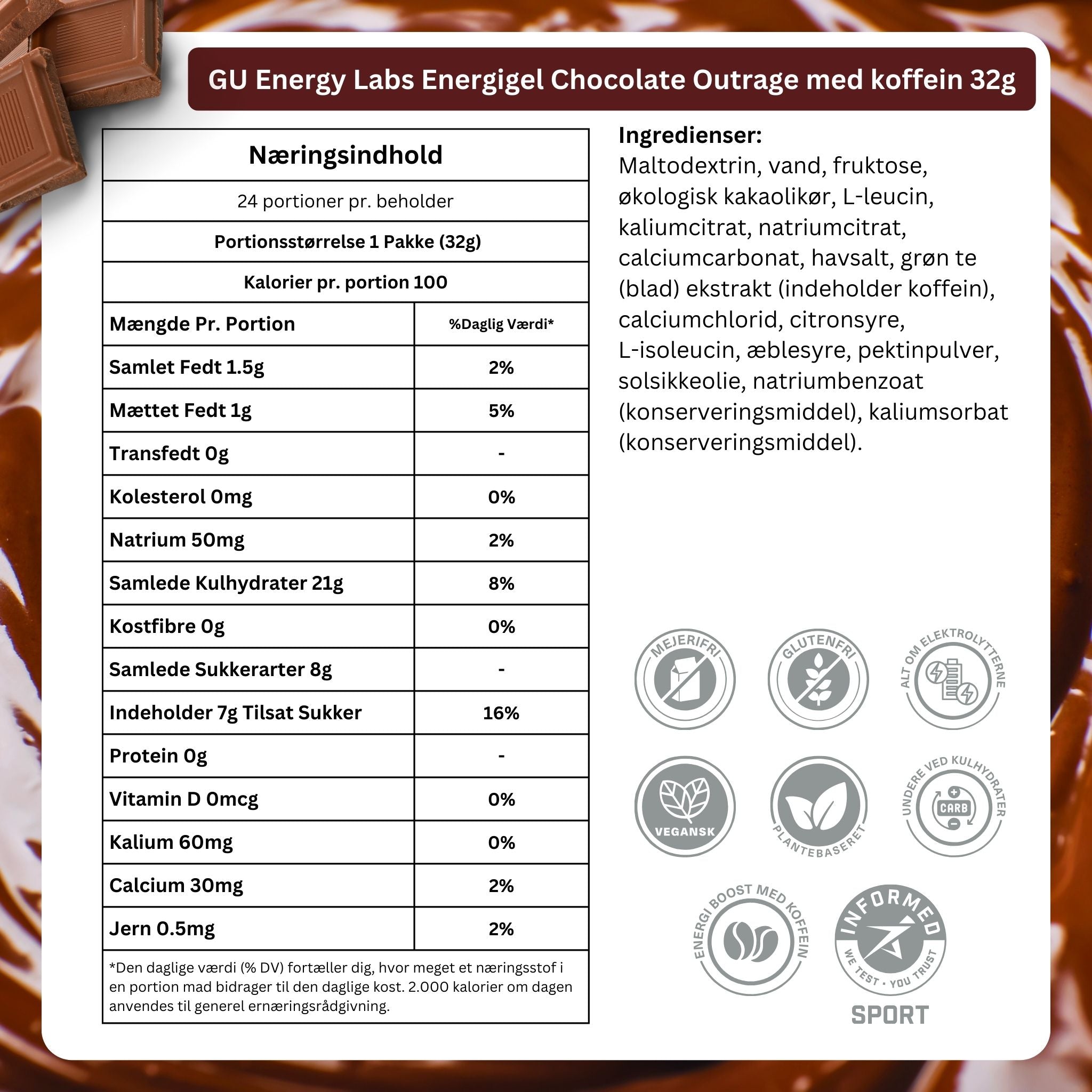 GU Energy Energy Gel Chocolate Outrage med koffein (24x32g)