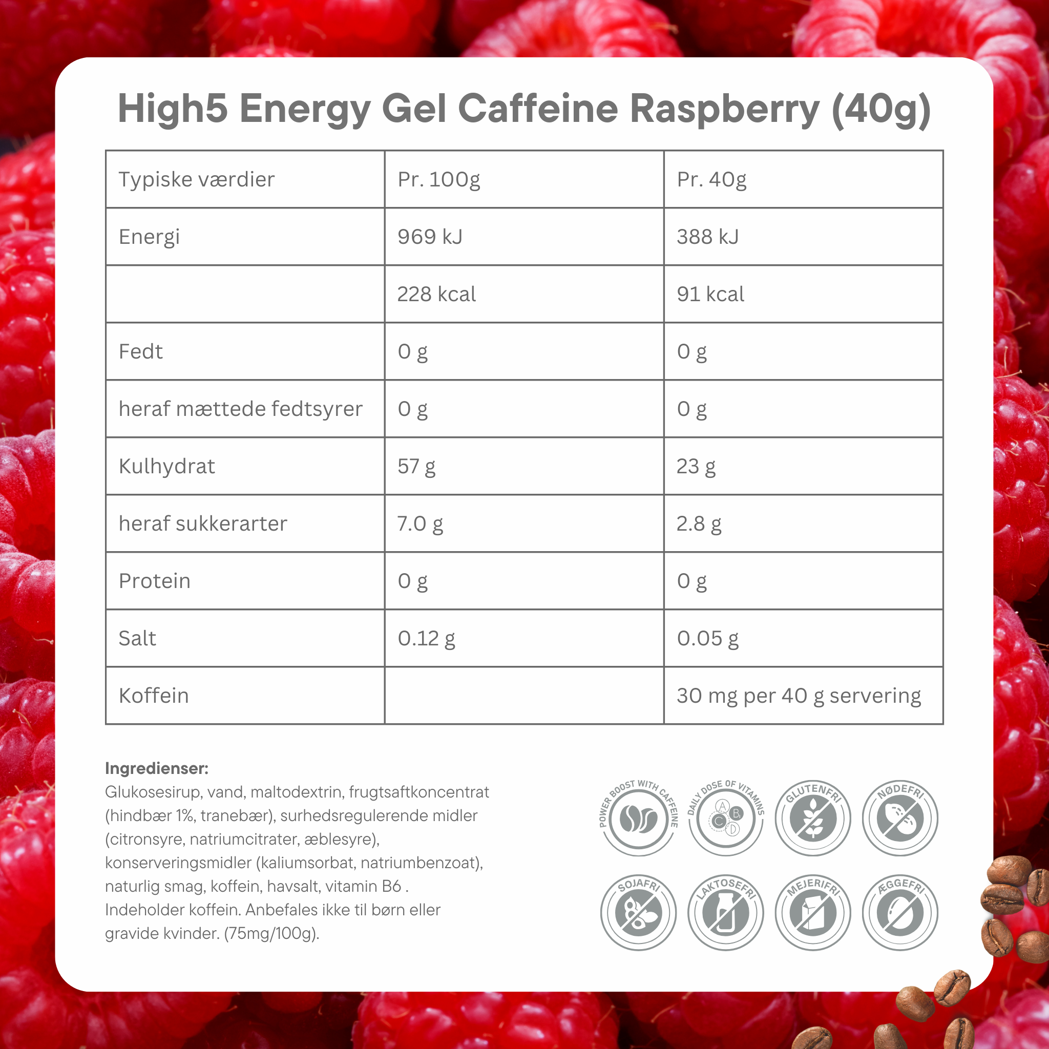 High5 Energy Gel Koffein Raspberry (20x40g) Datumvara