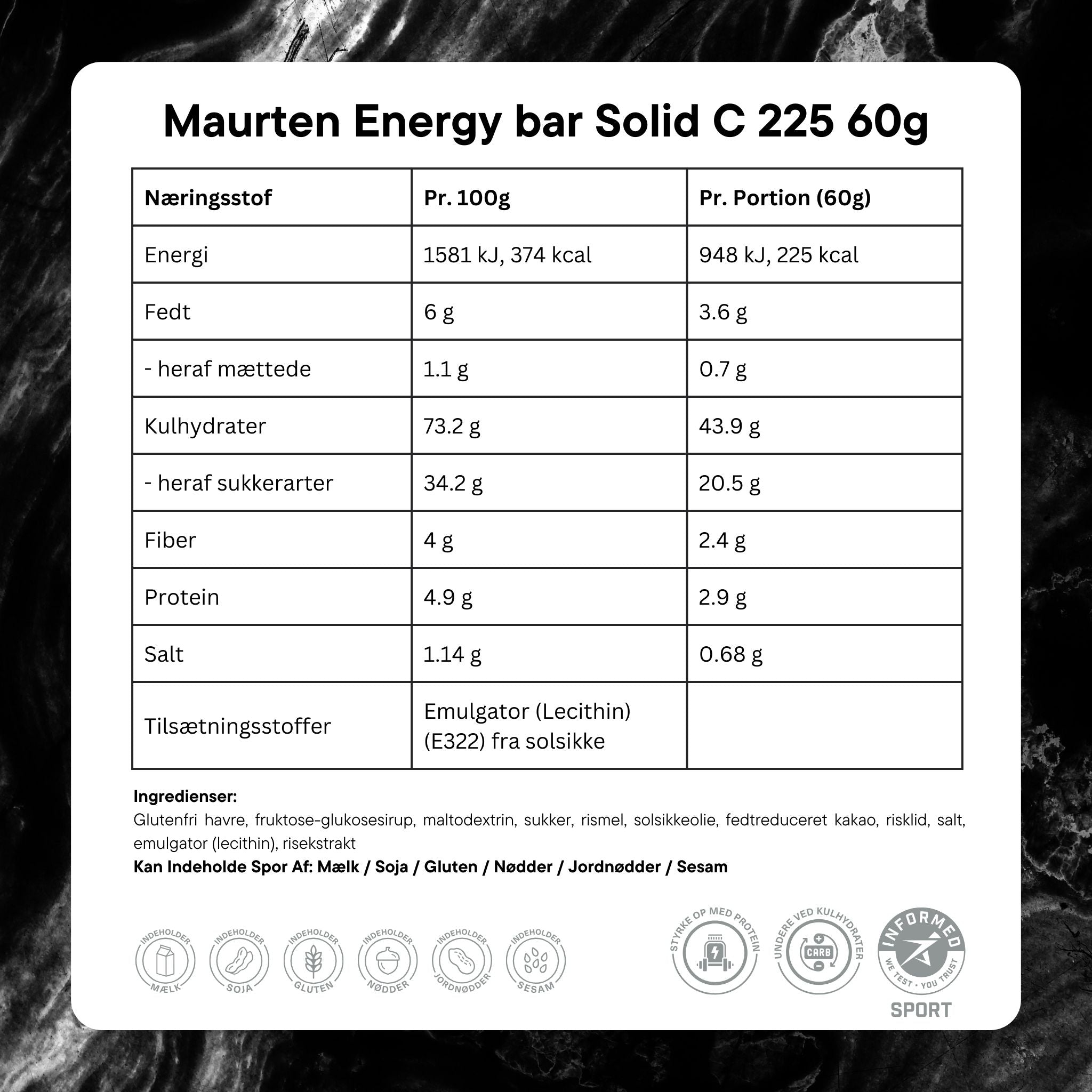 Maurten Energy bar Solid C 225 60g Ingredients dk