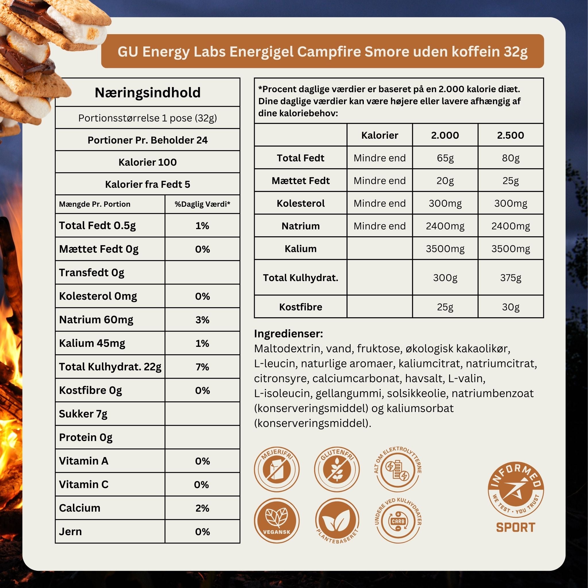 GU Energy Energigel Campfire S'mores utan koffein 32g
