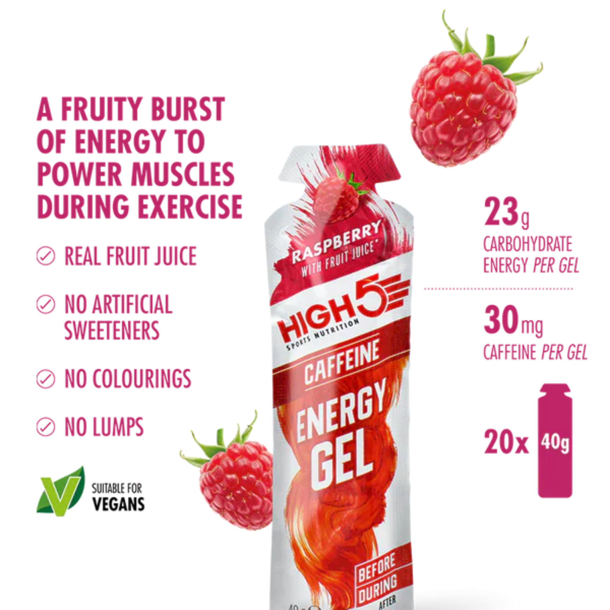 High5 Energy Gel Koffein Raspberry (20x40g) Datumvara